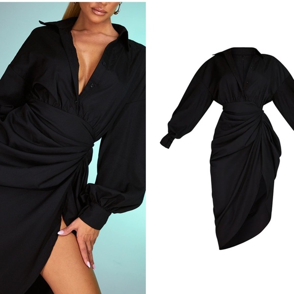 Pretty Little Thing Black Black Balloon Sleeve Skirt Midi Shirt Dress Size 6 - Picture 2 of 2